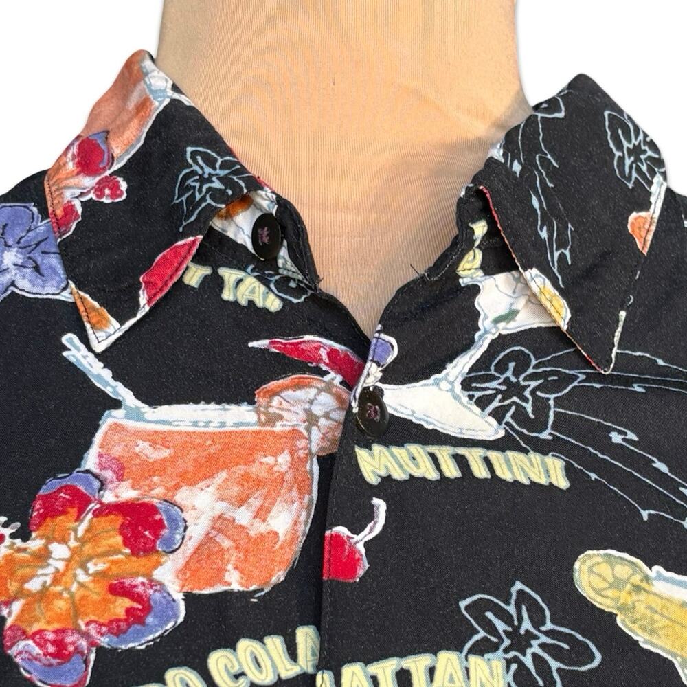 90s Big Dogs Cocktail Print Shirt XL Black Rayon Camp Shirt Tropical Bar Novelty